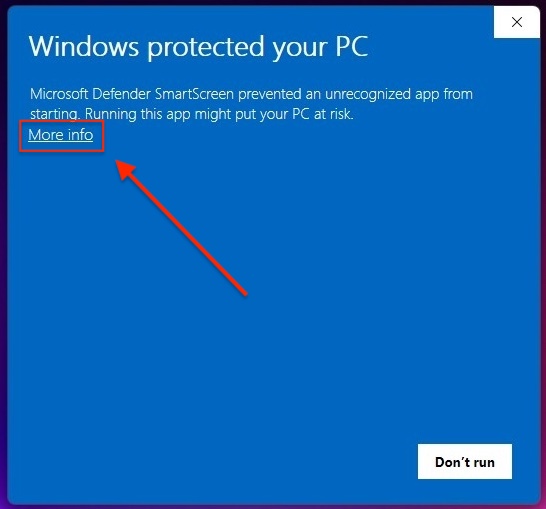 Windows Defender SmartScreen showing 'More info' link circled