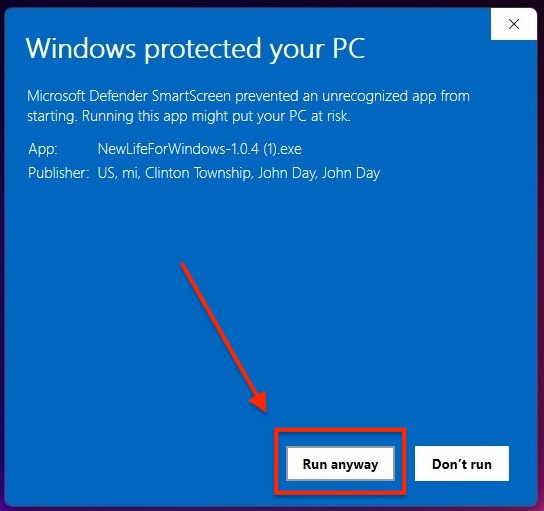 Windows Defender SmartScreen showing 'Run anyway' button circled